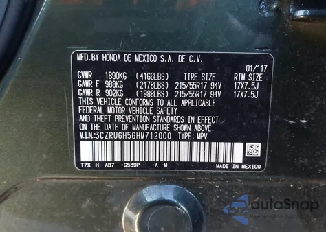 2017 Honda Hr-V Ex z USA, uszkodzony, nr VIN 3CZRU6H56HM712000